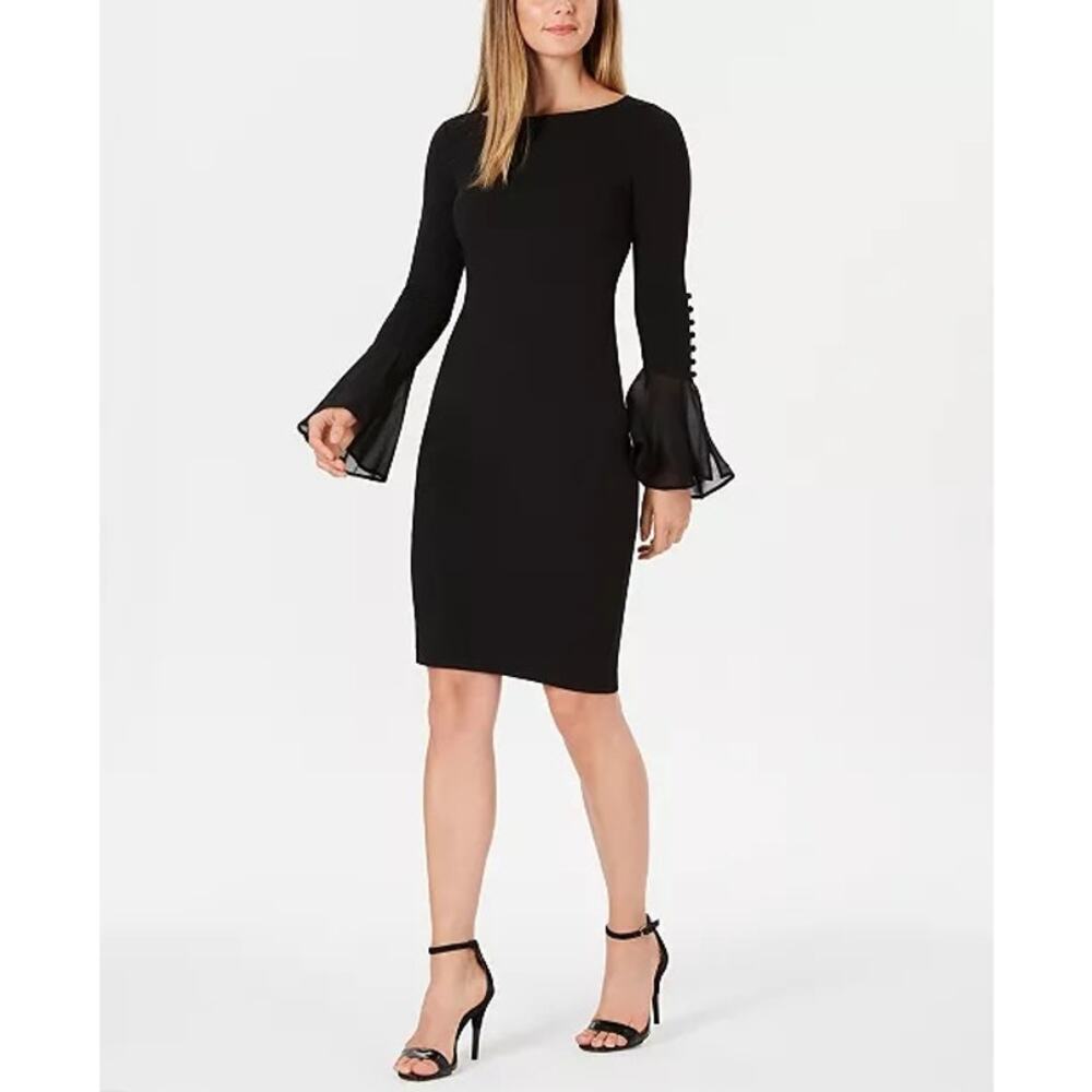 Calvin Klein Chiffon Bell Sleeve Sheath Dress Size 20W Boat Neck Cocktail Black